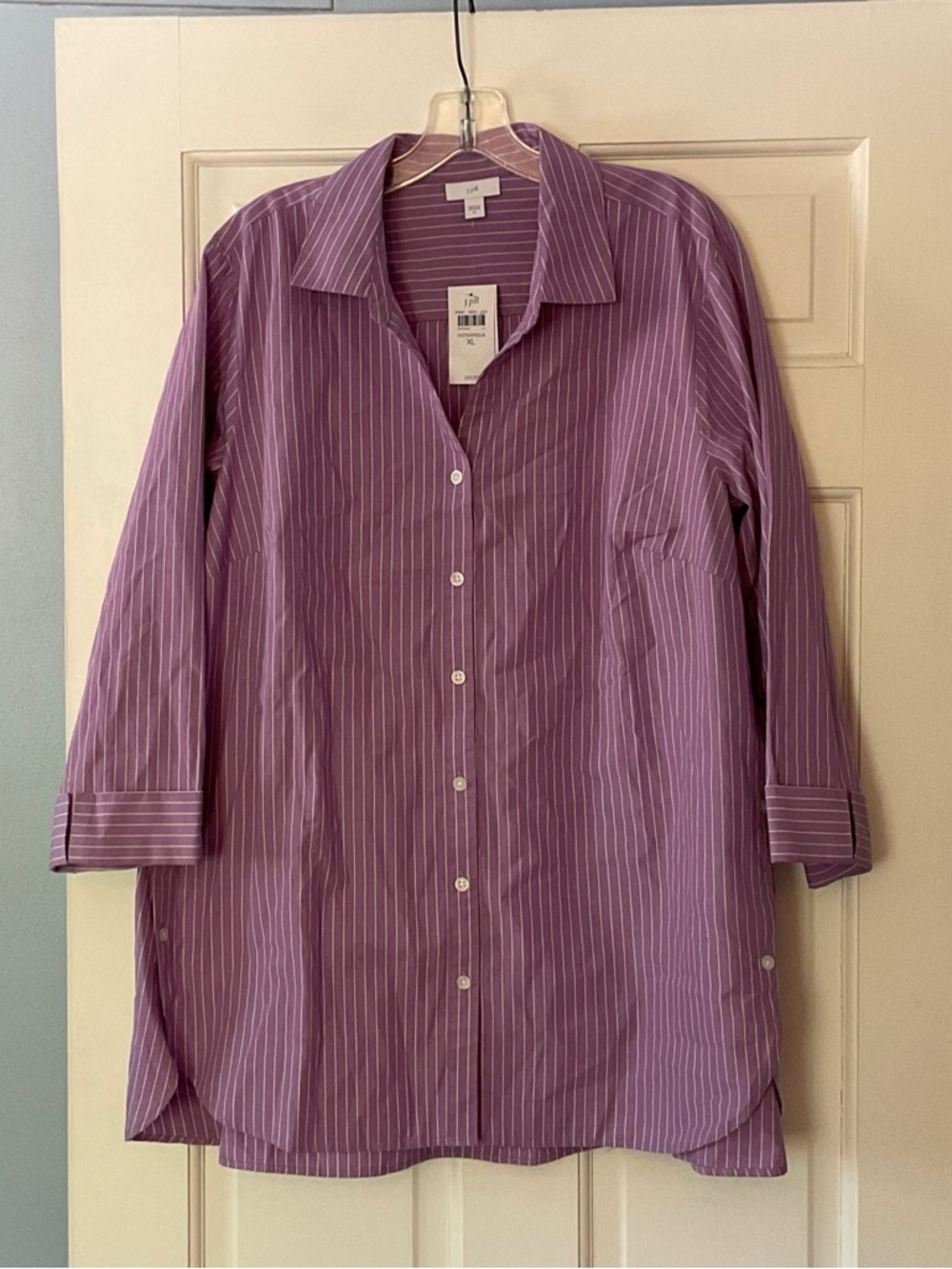 J. Jill Side Button Stepped Hem Tunic Shirt Purple Stripe 3/4 Sleeve XL NWT